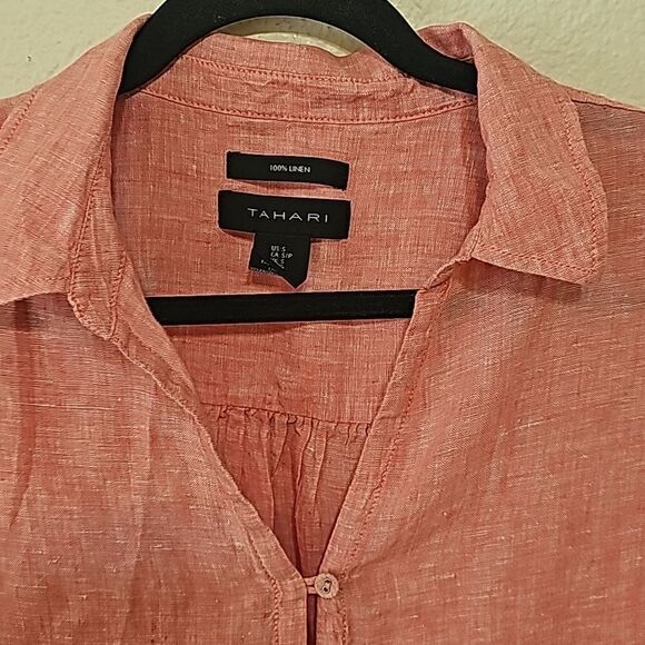 Tahari 100% Linen Collared 3/4 Sleeve Coral Split Shirt S - Picture 2 of 6